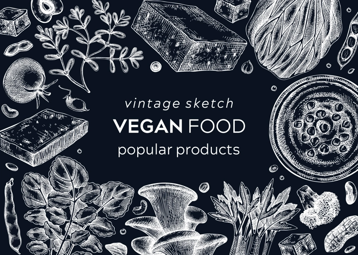 Vegan food sketched banner. Healthy food template on chalkboard. Middle eastern cuisine background. Hand-drawn vegan meals and ingredients for menu, recipe, and packaging design. Vegan food sketches